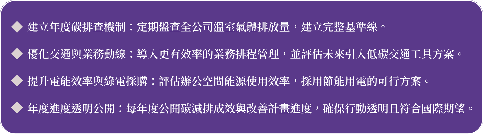 蓓蕾莉生技的淨零行動起點,邁向未來行動策略與永續計畫 建立年度碳排查機制:定期盤查全公司溫室氣體排放量,建立完整基準線。 優化交通與業務動線:導入更有效率的業務排程管理,並評估未來引入低碳交通工具方案。 提升電能效率與綠電採購:評估辦公空間能源使用效率,採用節能用電的可行方案。 年度進度透明公開:每年度公開碳減排成效與改善計畫進度,確保行動透明且符合國際期望。